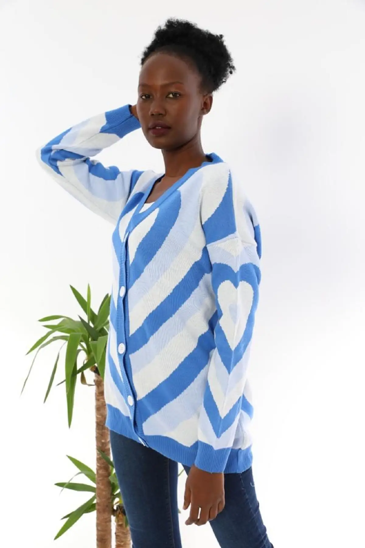 

Women's Cardigan sportswear Blue pattern Standard Size Fits Smlxl Casual Knitted Quality Fashion Sweaters Loose Jumper