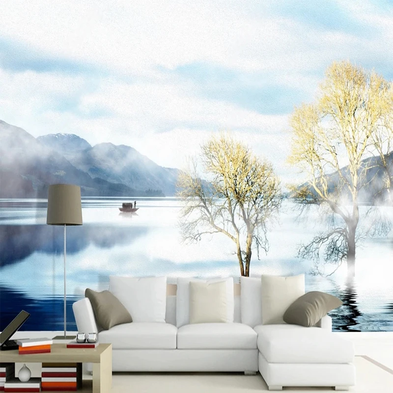

Custom Size Chinese Style Nature Landscape Blue Sky Lake Trees Photo Mural Wallpaper 3D Creative Backdrop Wall Art Home Decor