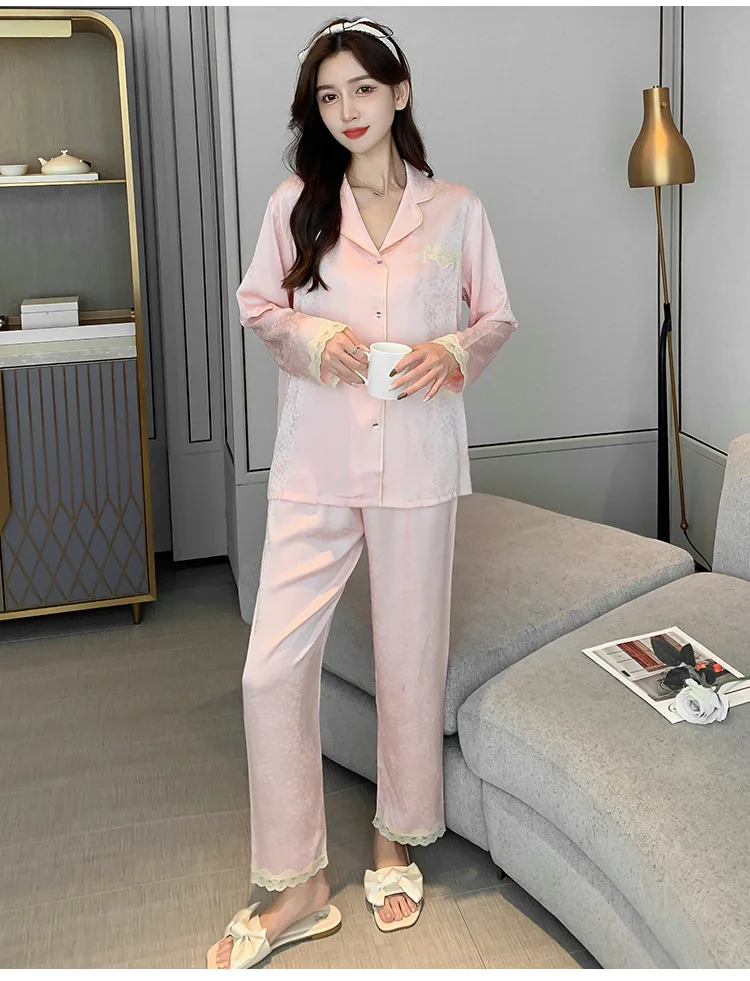 Spring Autumn Pajamas for Women Long Sleeve Loungewear Lace Pajama Sleepwear Suit Female 2 Pcs Set Pantsuits Home Wear Nightwear