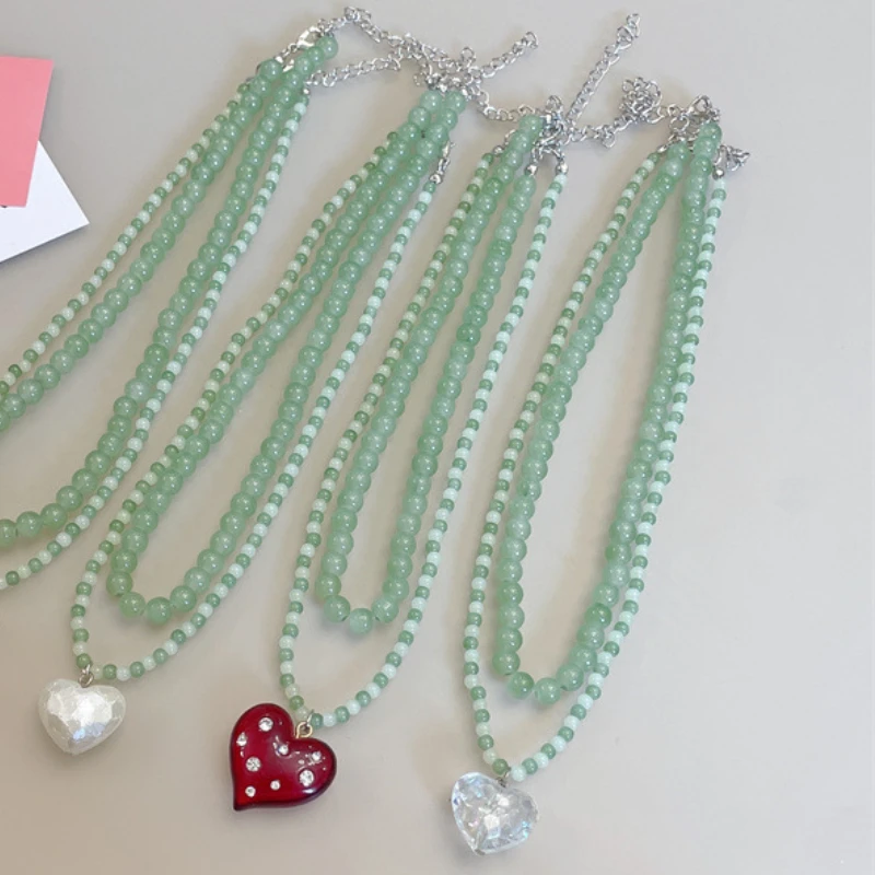 

Summer Beach Handmade Green Beads Heart Pendant Necklace Party Jewelry