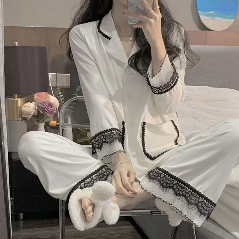 

Простой Свободный кардиган на пуговицах, однотонный милый кардиган с кружевом, домашняя одежда, осень-зима