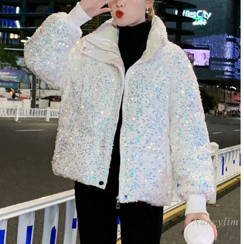 Short Sequined Parka Women 2022 Winter New Stand Collar Long Sleeve Down Cotton-Padded Jacket Thick Warm Street Blue Velvet Coat