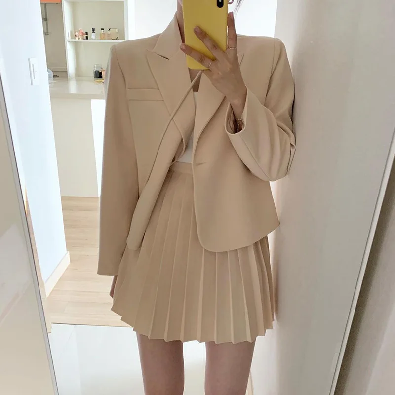 Ladies Temperament High-waist Pleated Skirt Short Skirt Two-piece Suit Solid Color Loose Long-sleeved Suit Jacket Skirt Suit