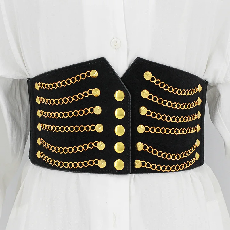 

High Waist Women Girdle Fashion Rivet Chain Grommets Design For Ladies Dress Waist Belt Wide Waist Sealing Elegant Cummerbund