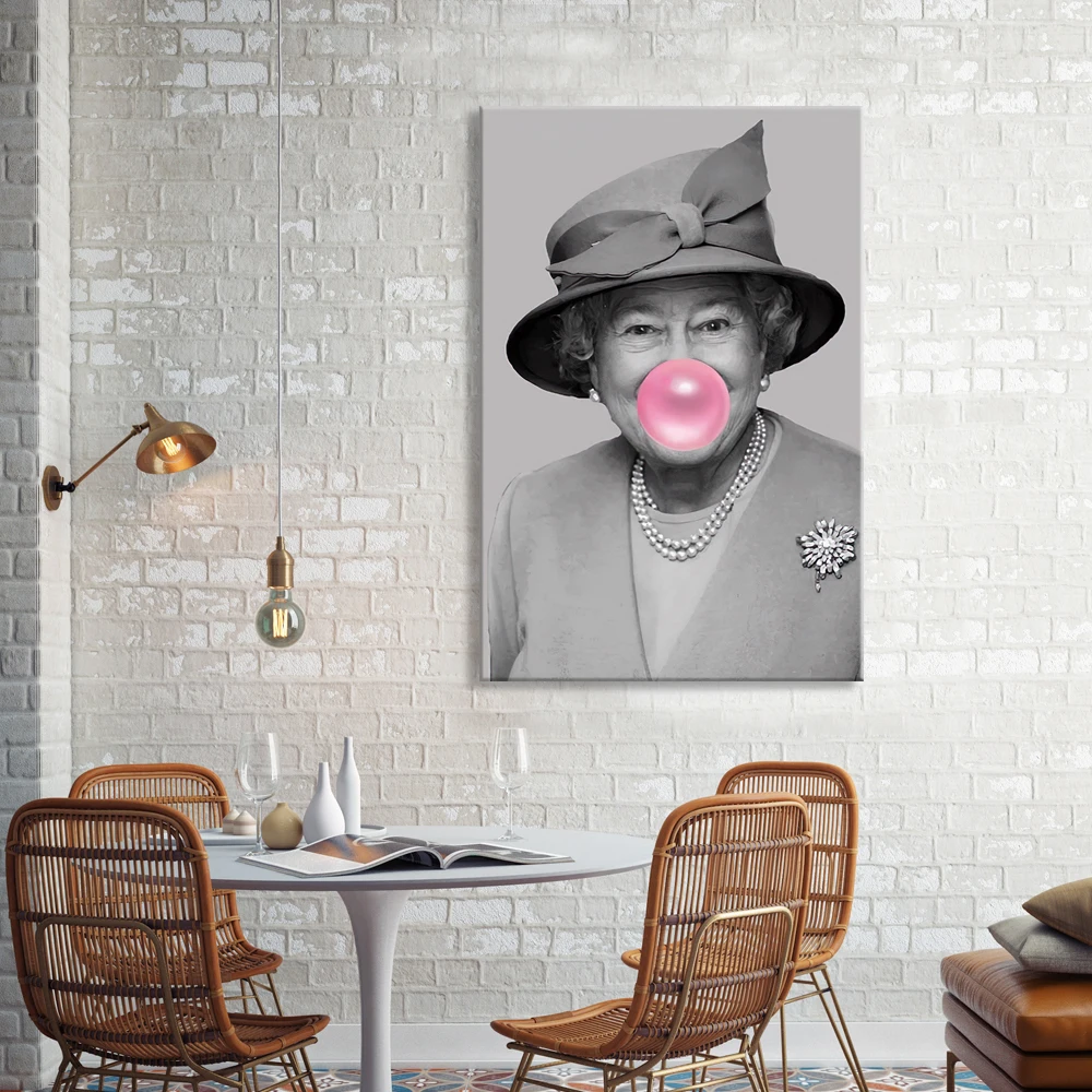 

Жевательная резинка с изображением королевы Елизабет. Черно-белый плакат, картина «жвачка пузыря», розовые наклейки, настенный плакат