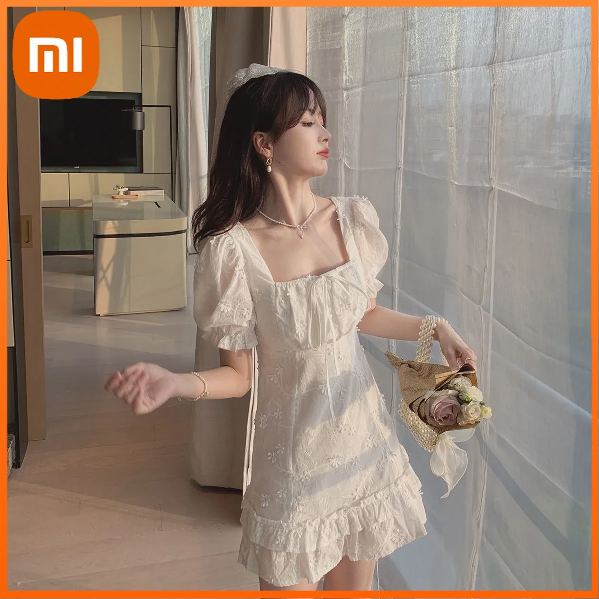 

Женское винтажное мини-платье Xiaomi, летнее милое праздничное платье с пышными рукавами, цветочными оборками и квадратным вырезом, платье с о...