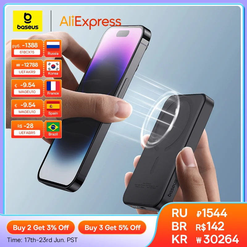 [AliExpress x Baseus] Мини Магнитный внешний аккумулятор быстрая зарядка 5000 мАч Беспроводное зарядное устройство для iPhone 15 Pro Max - Товары для дома - ТОПы продаж