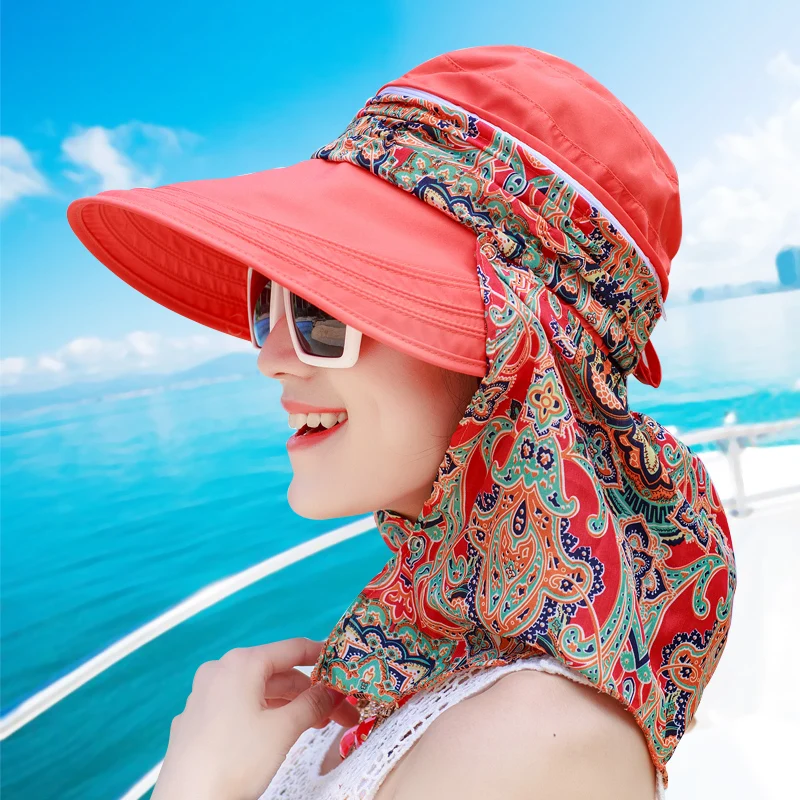 

New Fashion Women Hat Summer Outdoor Riding Anti-UV Sun Hat Beach Foldable Sunscreen Floral Printed Caps Neck Face Wide Brim Cap