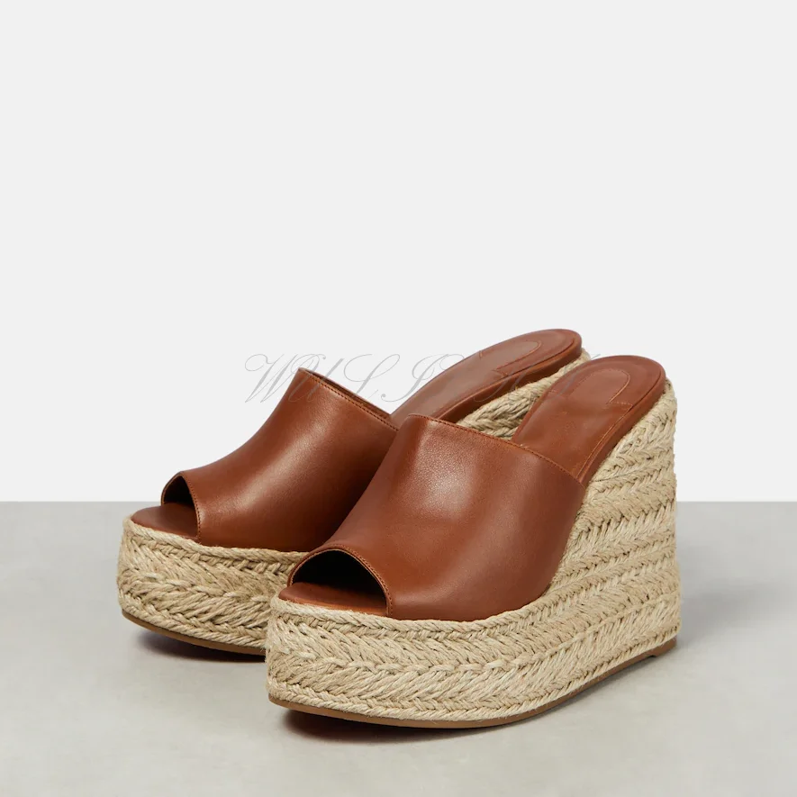 Brown Soft Leather Peep Toe Wedge Sandals Women Espadarille High Platform Black Heels Slingback Casual Outdoor Slippers New Shoe