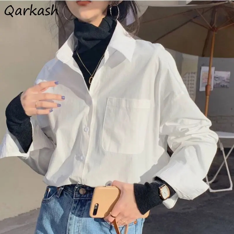 

Shirts Women Pure Chic Baggy Casual Harajuku Fashion Lapel Korean Style Tops Classic Temper Simple All-match Spring Camisa Teens