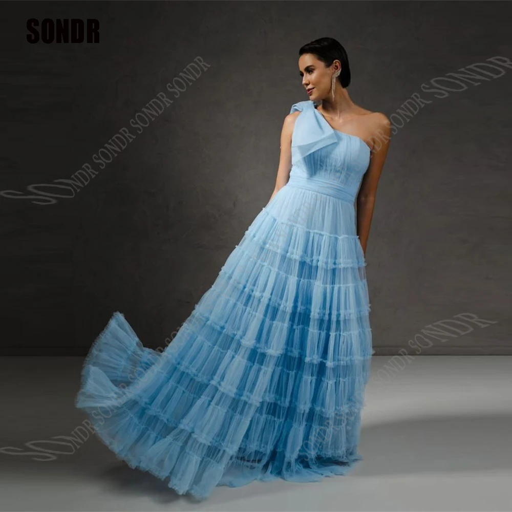 

SONDR небесно-голубое длинное бальное платье на одно плечо для выпускного вечера красивое Тюлевое ТРАПЕЦИЕВИДНОЕ официальное платье Элегантное нарядное платье до пола