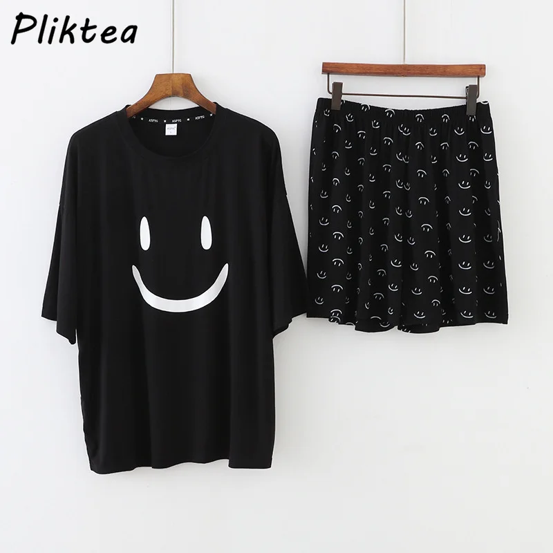 

Новинка 2022, летняя Пижама Pliktea с принтом смайлика для женщин, одежда для сна, шорты, женская домашняя свободная одежда для отдыха, короткий пи...