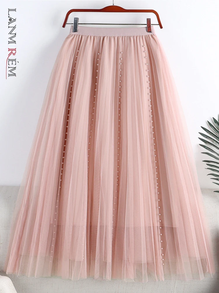

LANMREM 2022 New High Waist Thin Beading Mesh Skirt A-line Solid Color Multi Layers Skirts For Female 2022 Summer New 2R1170