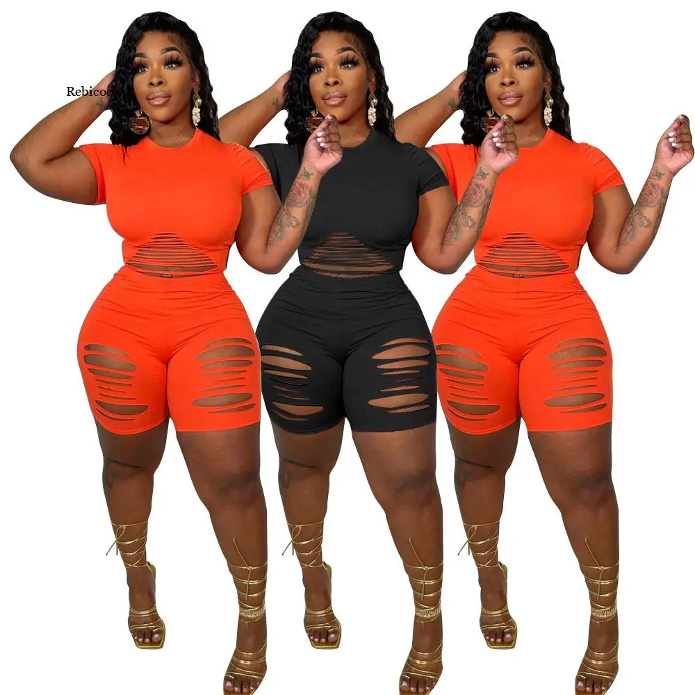 

Sexy Hollow Out Skinny Tracksuit Two Piece Set Summer Women Short Sleeve Top and Shorts Suit Casual Home Sweatsuit Outfits