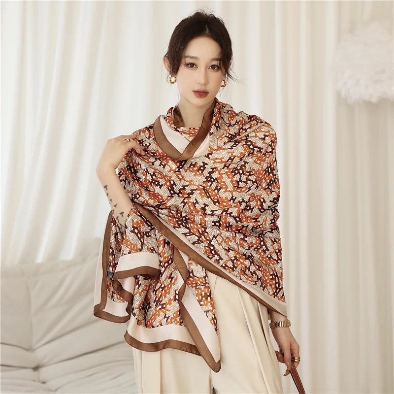 

Satin Silk Scarves Europe And America Fashion Long Shawls 2022 Popular Letter Beach Towel Four Seasons 180X90CM Print Bandannas