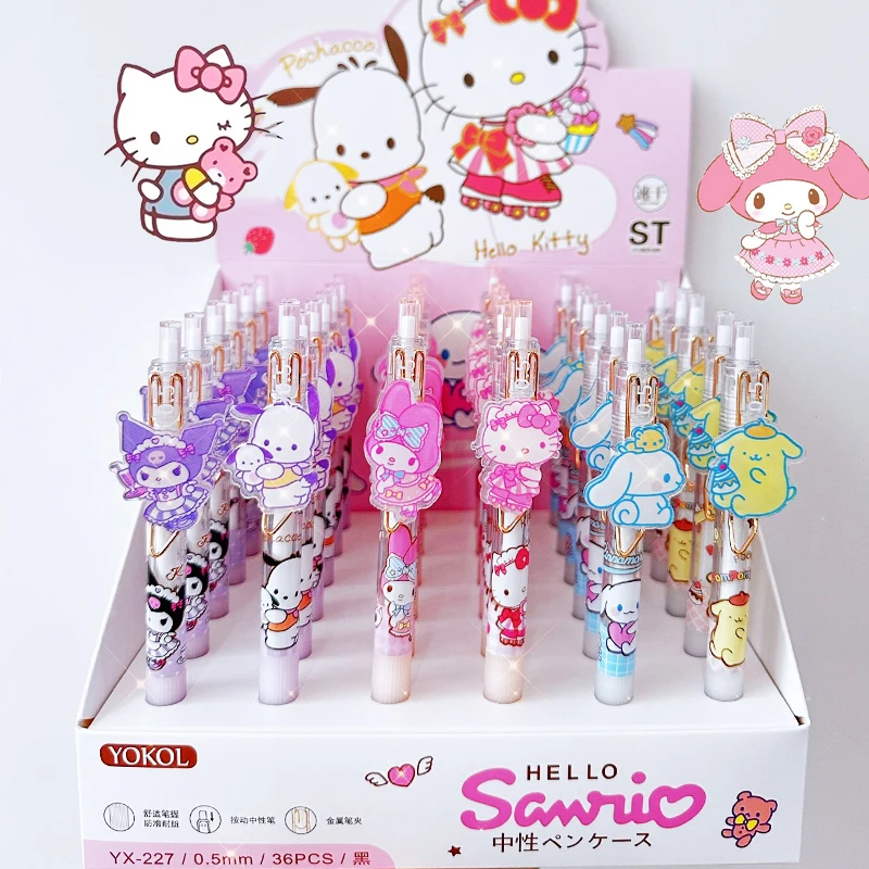 

36Pcs/box Kawaii Hello Kittys Y2K Sanrio Pochacco Neutral Pen Kuromi Anime Cute Study Examination Stationery Kids Toys Gifts