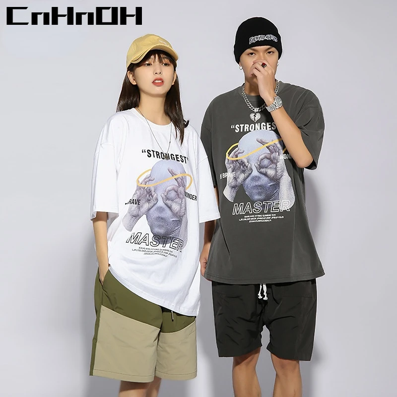 CnHnOH2022 Spring and Summer New Trendy Brand Loose Printing Round Neck Short-sleeved T-shirt Men's Heavy Wash Short-sleeved