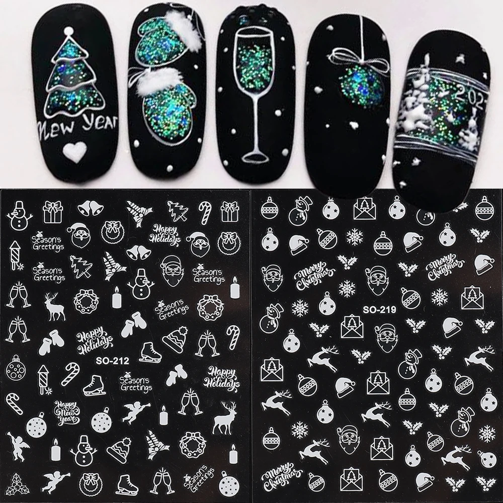 

3D Winter Nail Sticker New Year Christmas Decoration White Snow Sliders Santa Claus Deer Baubles Greenery Nail Decals GLSO212-22