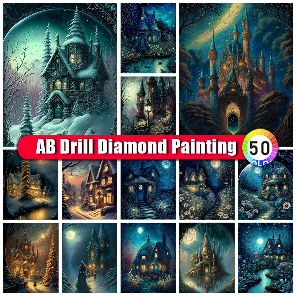 

BinXue Scenery Castle AB Diamond Painting Kit Moon Cottage House Handmade DIY Diamond Embroidery Flower Mosaic Home Decor Gifts