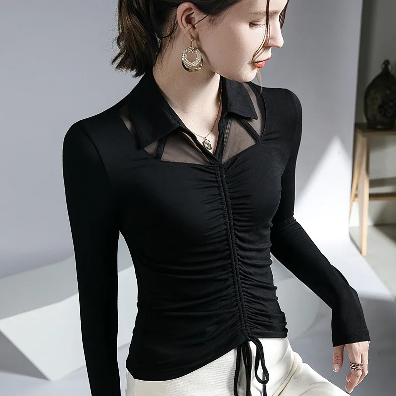 

Spring and Autumn Lapel T-shirt Bottoming Shirt Women's Black Perspective Sexy Modal Pleated Stretch Top Shirts for Women