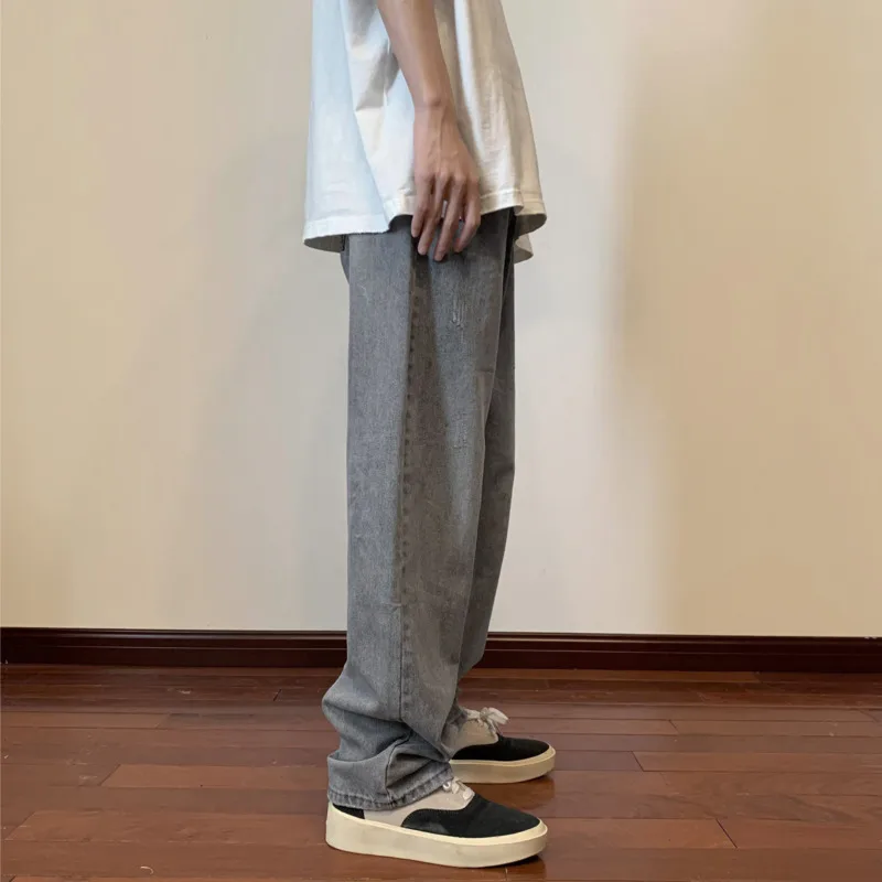 Blue Grey Baggy Jeans Men Fashion Casual Ripped Straight Jeans Men Streetwear Loose Hip Hop Denim Pants Mens Trousers M-2XL