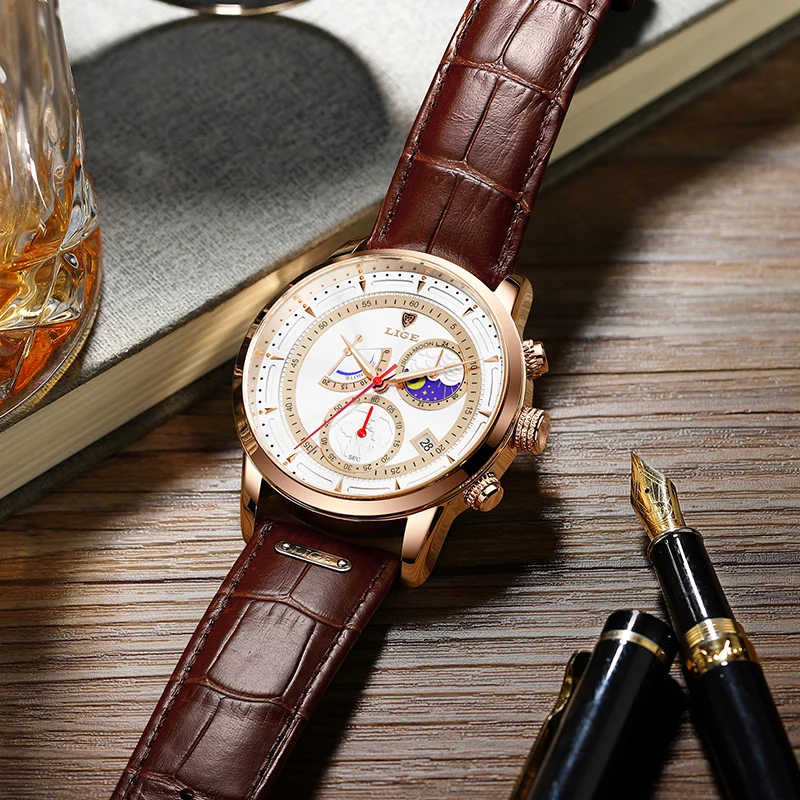 Часы наручные LIGE Мужские кварцевые брендовые Роскошные деловые модные