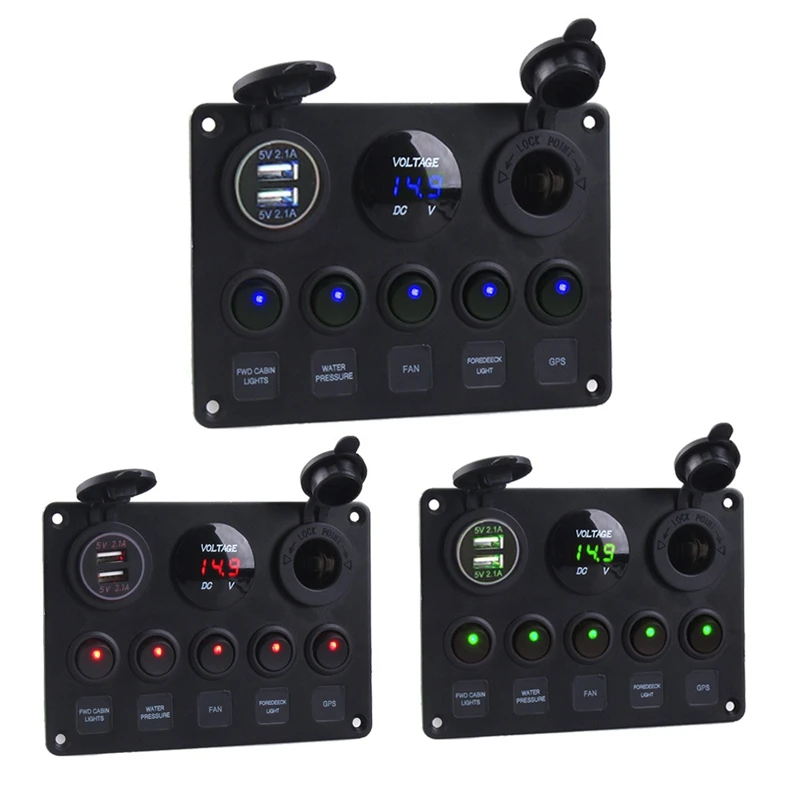 

Dual USB Socket Charger LED Voltmeter 12V Power Outlet 5 Gang ON-OFF Toggle Switch Panel for Car Boat Marine RV Truck