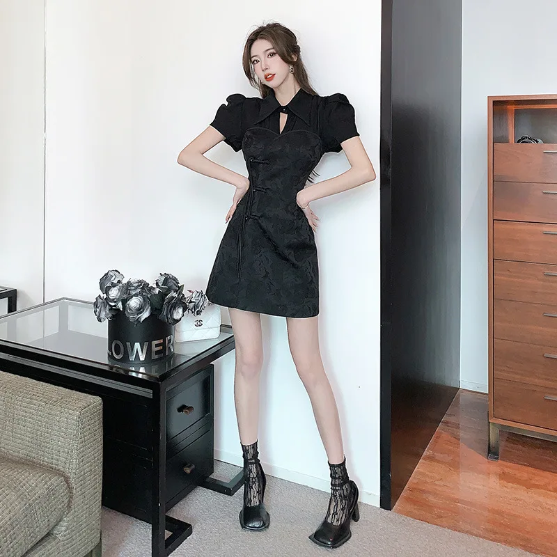 Женское жаккардовое платье-Ципао с пышными рукавами