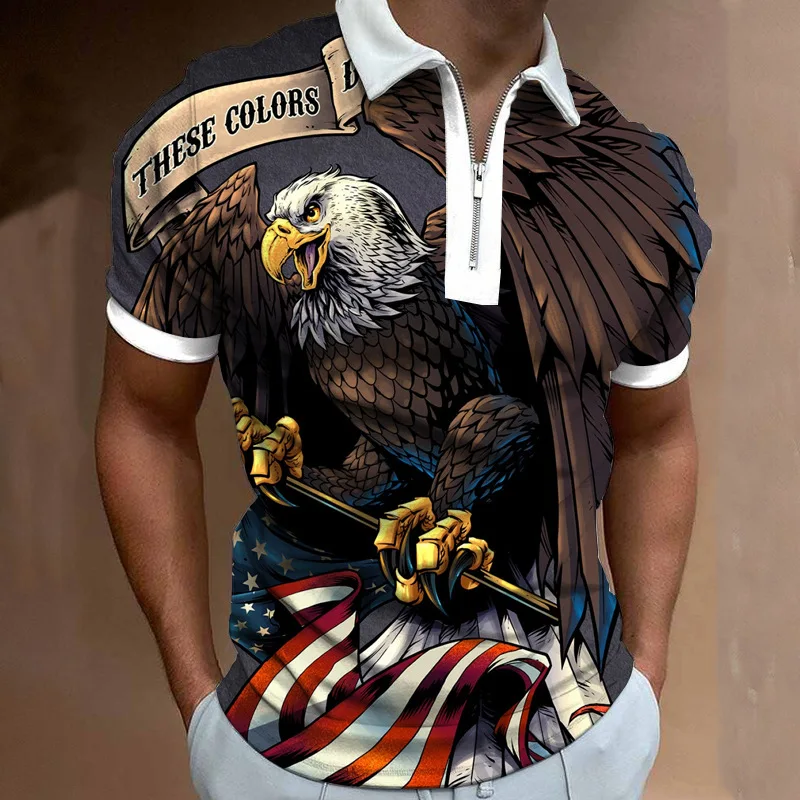 

2023 novo popular masculino camisa de polo com zíper 3d digital eagle e outros estampas animais dos homens camisa solta de grand