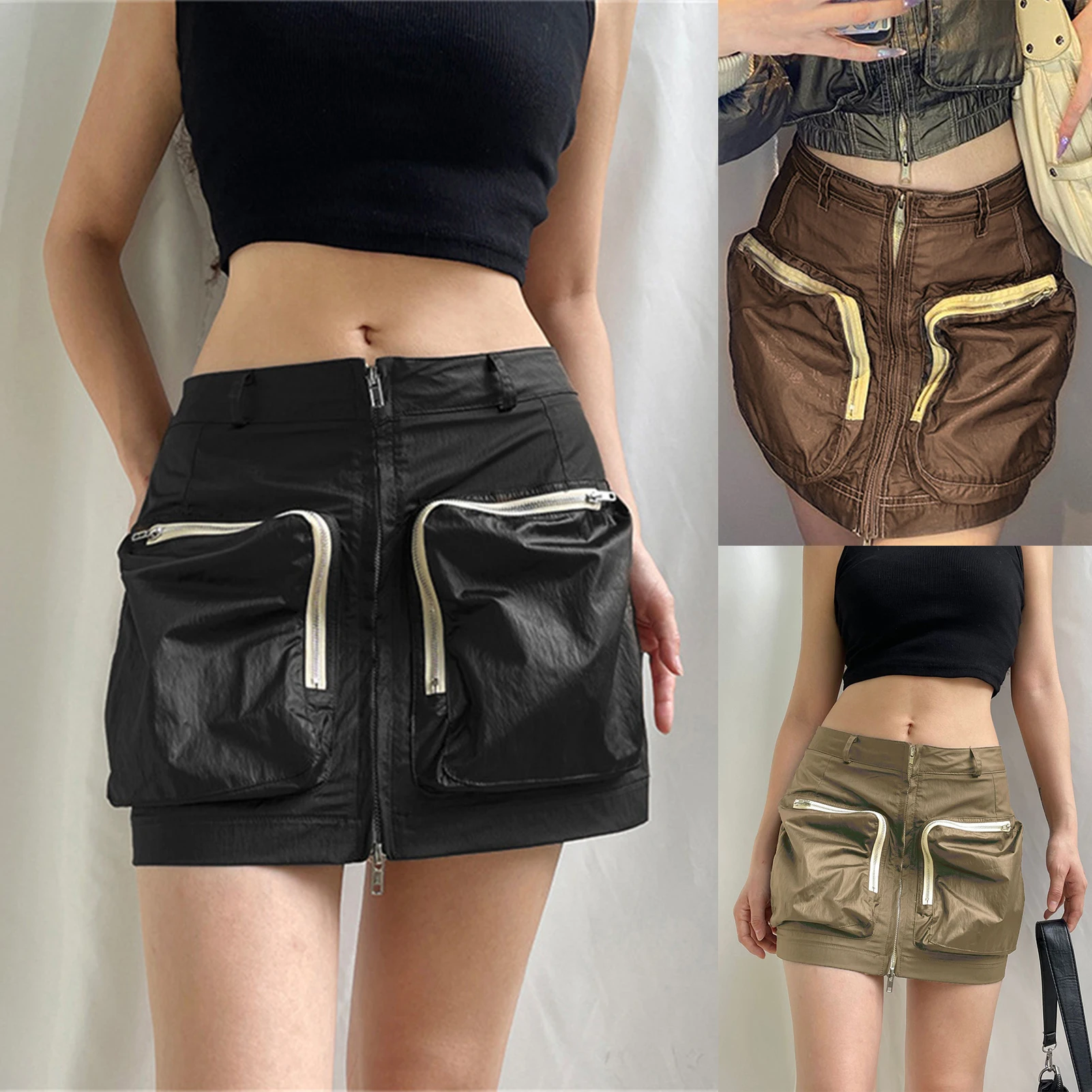 

Women Summer Mini Skirt Zipper Ladies Skirt with Pocket Spicy Girl Casual Skirt Contrasting Colors Clubwear Clothing