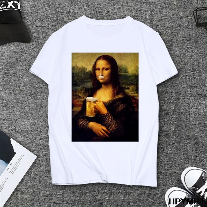 

Musim Panas Spoof Mona Lisa Minum Bir Cetak T Kemeja Wanita Estetika Lucu Tshirts Kasual Lengan Pendek Atasan T-shirt Pakaian