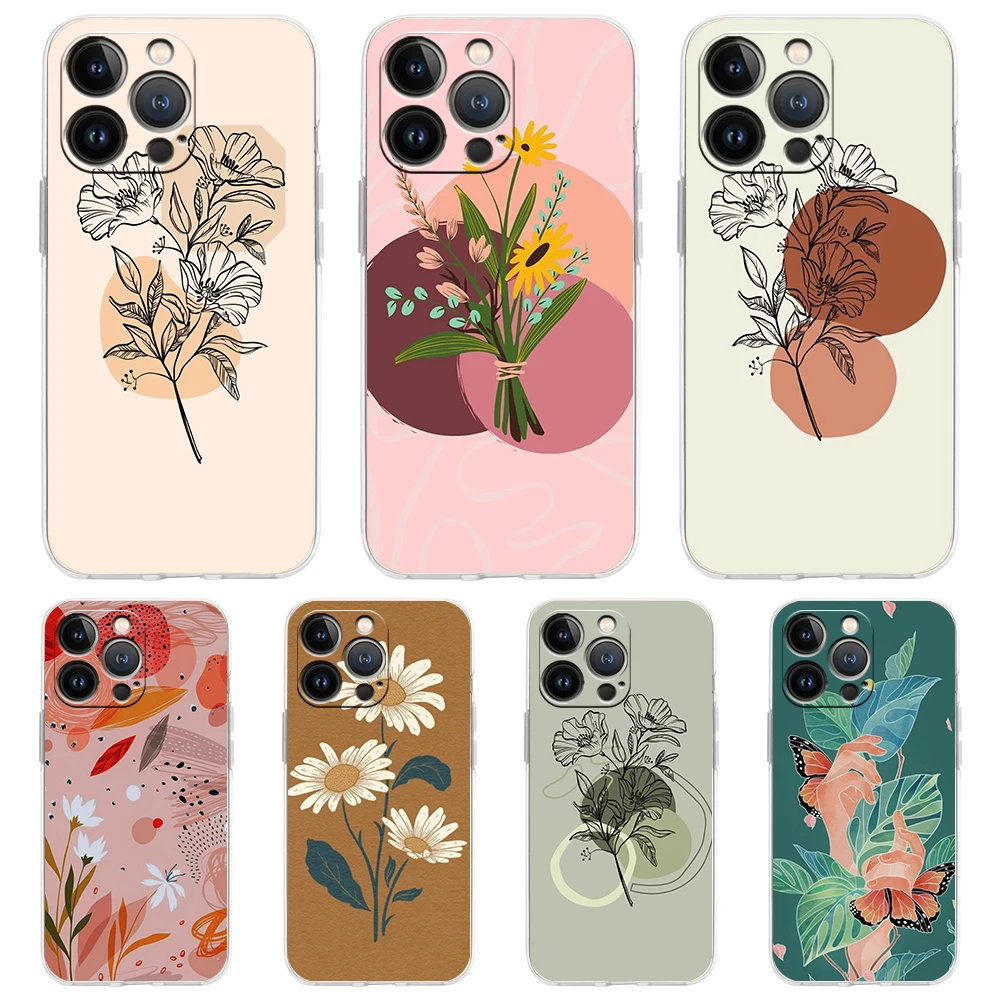 

Line Art Sketch Flower Girl Transparent Phone Case Cover for iPhone 14 13 12 11 Pro Max X XS Max 14 7 8 Plus Shockproof TPU Bag