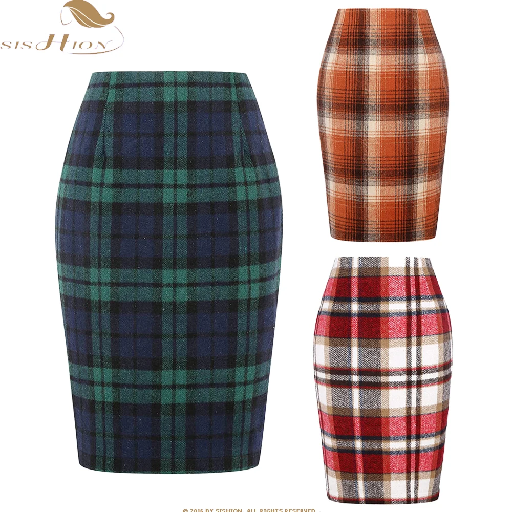

SISHION New Autumn Brown Red Green Slim Bodycon Plaid Skirts for Women High Waist Wool Sexy Office Lady Pencil Skirt VD3594