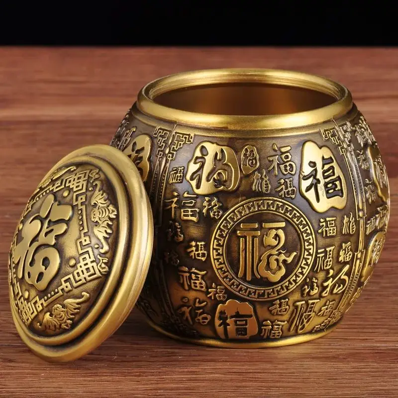 

Brass Baifu Jubao Pot Tea Can with Lid Rice Jar Office Decoration Gift Home Accessories Feng Shui