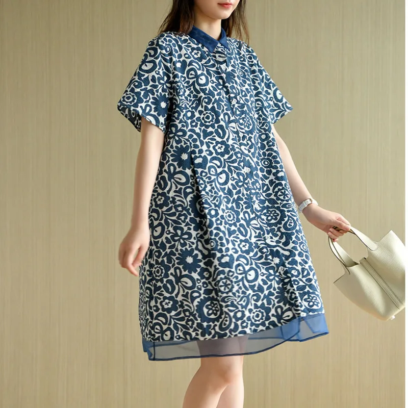 

Vintage Printed Polo-Neck Straight Casual Dresses Women's Clothing Short Sleeve Thin Dress 2023 Summer Patchwork Dress Female