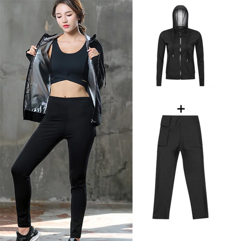 

Women Sauna Suits Hooded Jacket Pant Weight Loss Running Gym Slim Fitness Sportswear Clothing Set Yoga Full Body Suit Tracksuit