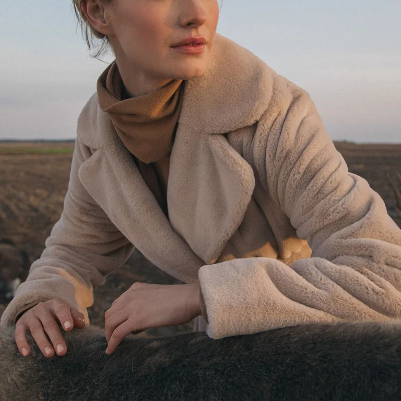 Winter Women High Quality Faux Rabbit Fur Coat Luxury Long  Coat Loose Lapel OverCoat Thick Warm Female Plush Coats HAO