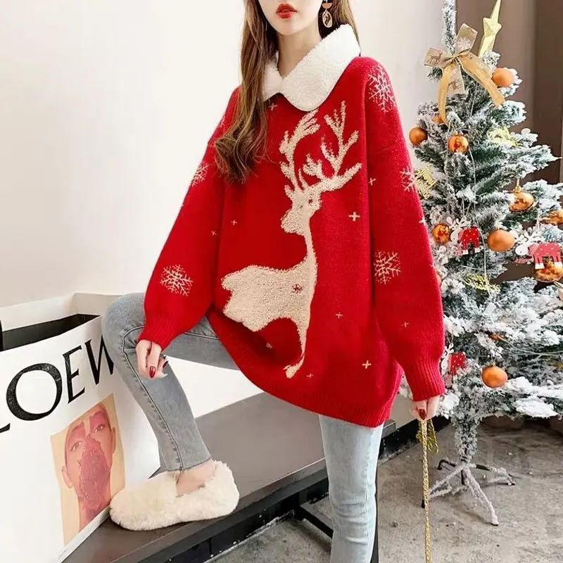 

Christmas Elk Knitted Sweaters Female Clothing Sweet Peter Pan Collar 2023 Autumn Winter Long Sleeve Stylish Snow Korean Jumpers