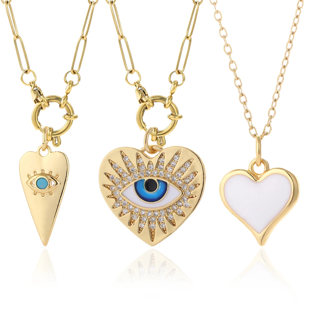 Cute Red Heart Woman's Pendant Greek Turkish Evil Blue Eye Necklace for Women Stainless Steel Collars Gold Color Link Chain