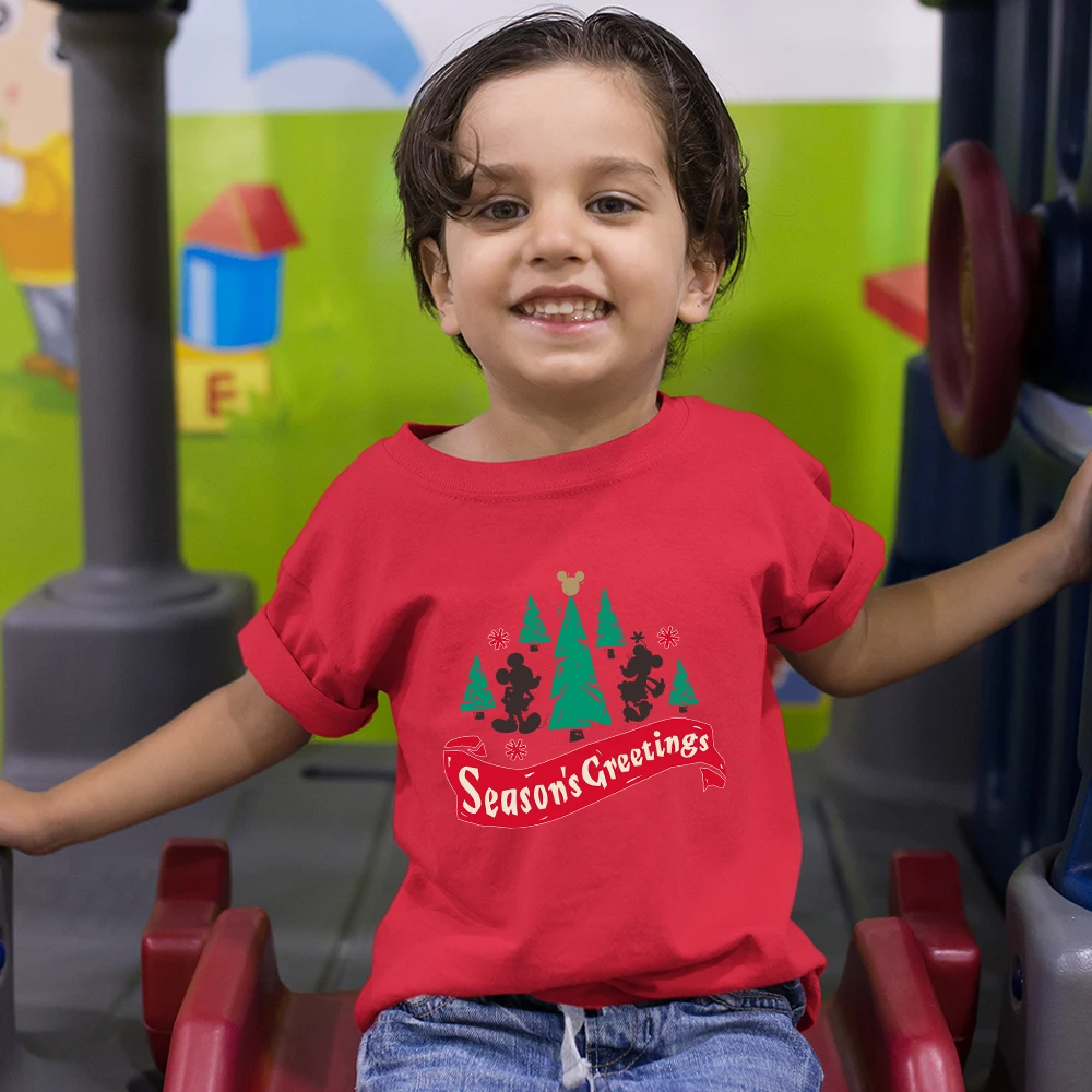 

Disney Red Boy Girl Clothes Mickey Minnie Christmas Series Print Seasons Greetingd Graphic Popular T Shirt Hot Selling Kids T-Sh