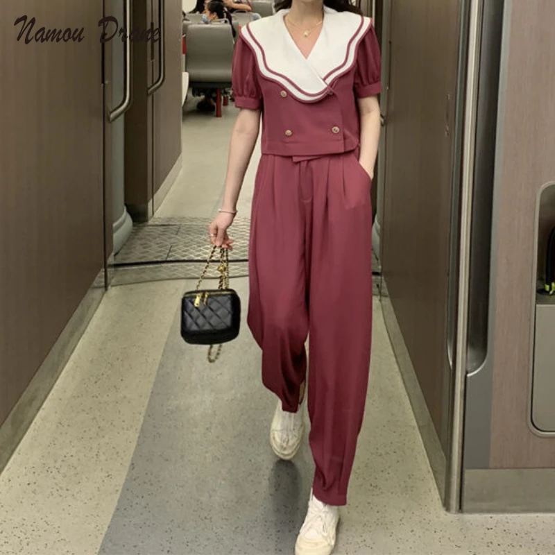 

Women's Summer 2022 New French Double-layer Baby Collar Short Sleeve Small Suit + High Waist Small Legs Long Pants 2 Sets
