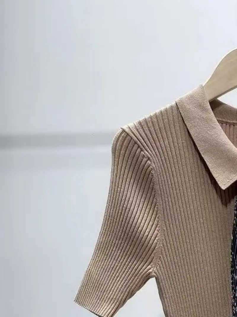 

Women Dress Polo Collar Lace Up Short Sleeve Single Button Slim Knitting Mini Robe