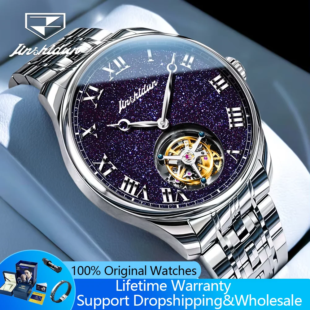 Фото Мужские часы JINSHIDUN Real Tourbillon, автоматические механические часы лимитированной серии для мужчин, роскошные модные мужские часы с эффектом звездного неба №2
