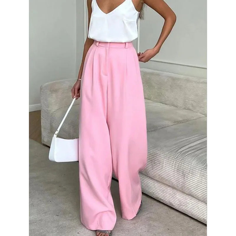 

Женские брюки с завышенной талией, повседневные приталенные Широкие штаны с драпировкой, французские розовые брюки с завышенной талией, лето 2023