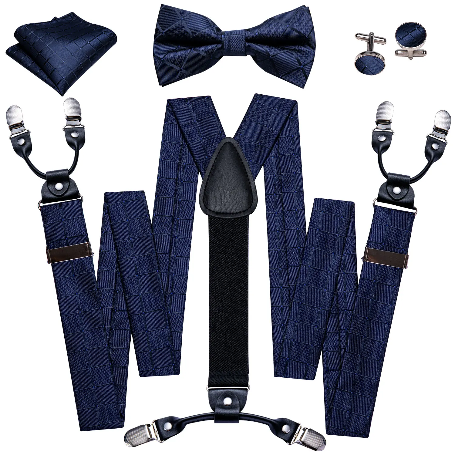 

Fashion Dark Blue Suspenders For Men Classic Grid Silk Pre-Bow Tie Handkerchief Cufflink Sets Wedding Gifts Barry.Wang Designer