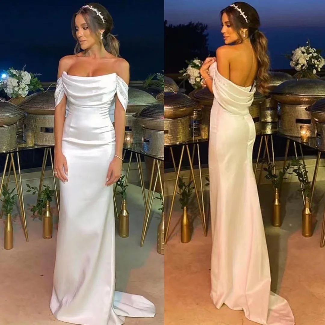 

Simple Long Dresses Party Evening Elegant Beaded Off Shoulder Prom Dress Pick Ups Zipper Back Maid of Honor Gowns