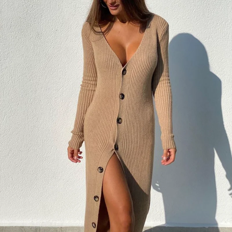 

Женское вязаное платье-кардиган, однобортное Платье макси с длинным рукавом и V-образным вырезом, платье-свитер на осень и зиму