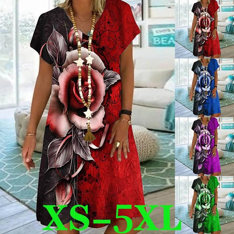 

Fashion Plus Size Short-sleeved Dress Summer Dress Ladies Dress Casual Printing Loose V-neck Dress