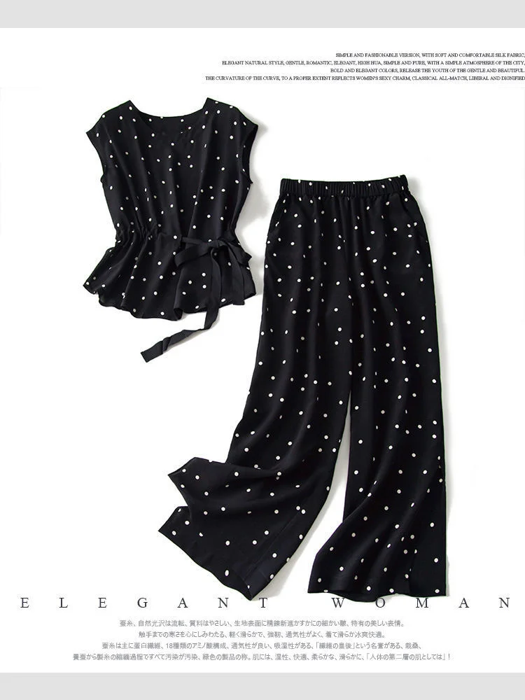 Женский шифоновый топ в горошек и брюки с завышенной талией размеры до 4XL |