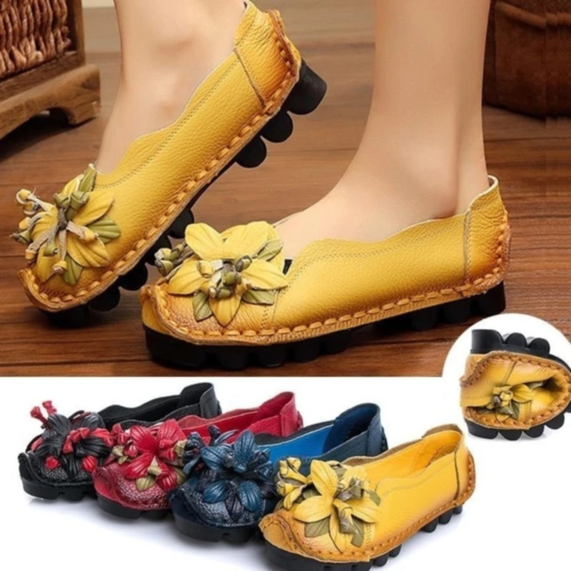 

Women Flat Bottom Peas Shoes National Style Ladies Leather Shoes Soft Bottom Shallow Mouth Round Head Mother Shoes